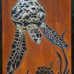 Sea turtle on metal by Carlos Hiller marine artist.