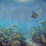 Eagel ray swimming into a school of sergeant fish and coral garden. Painting by Carlos Hiller.