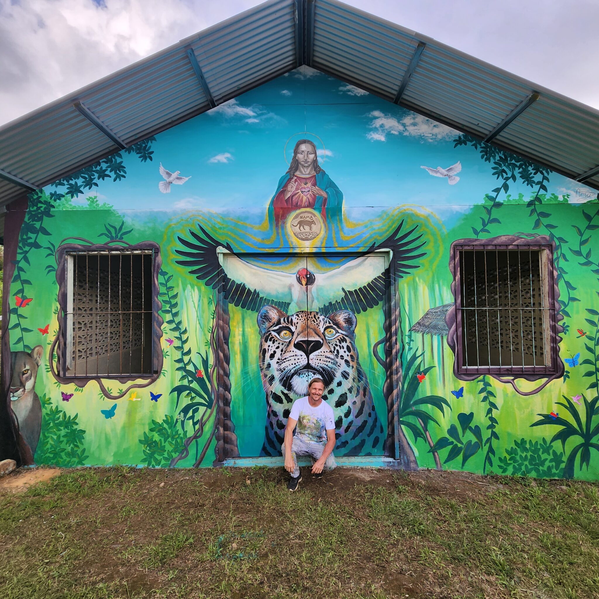 Jaguar mural at a catholic church, Boruca community. By Carlos Hiller in Costa Rica.