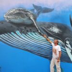 Humpback whale and calf mural by Carlos Hiller marine artist, for Innoceana, Costa Rica.