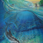 Spotted dolphins running a whave in a Costa Rican beach. Painting by Carlos Hiller.