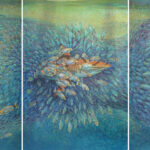 Sharks emerging from a schoolfish bait ball. Painting by Carlos Hiller.
